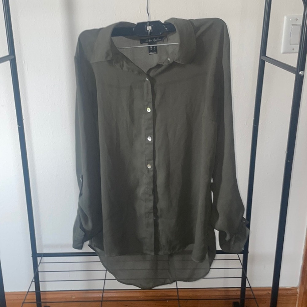 olive green mesh button up with pearl buttons